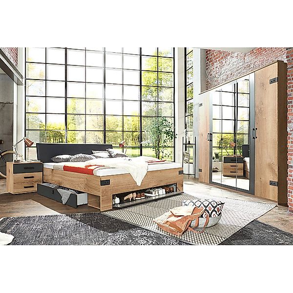 Schlafzimmer Set mit Kleiderschrank Spiegeltüren Eiche mit graphit Industri günstig online kaufen
