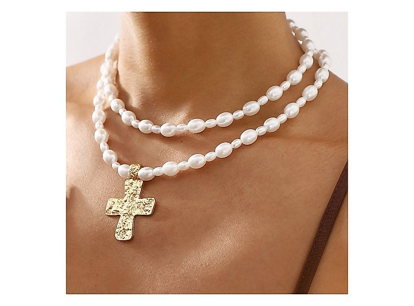 KARMA Perlenketten-Set Kreuz Weiß Gold modern Damen Halskette Kette (Perlen günstig online kaufen