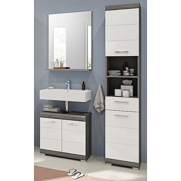 Inn.Furn Badmöbel-Set Weiß Hochglanz Grau 3-teilig 112 cm 8 Fächer Shawn günstig online kaufen