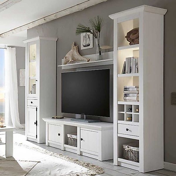 Wohnzimmer Schrankwand im Landhausstil Weiß Pinie (vierteilig) günstig online kaufen