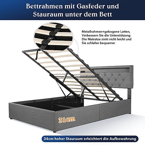 oyajia Polsterbett Doppelbett 140x200cm mit LED Licht, Bettgestell Hydrauli günstig online kaufen
