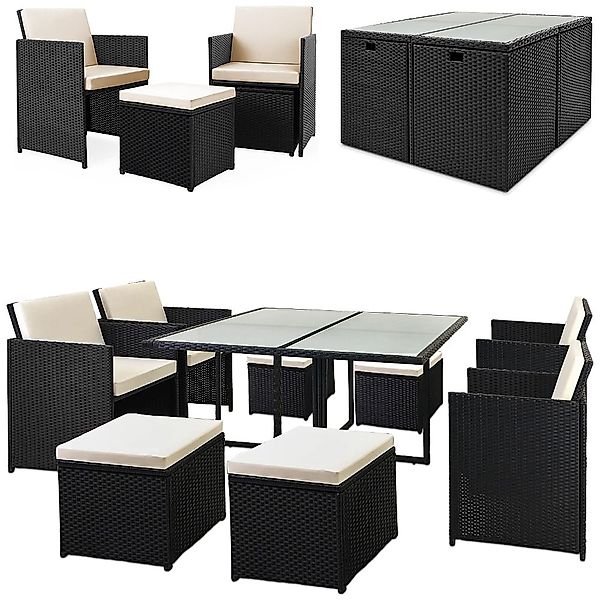 Polyrattan Garten-Sitzgruppe 9-tlg Schwarz/Creme günstig online kaufen