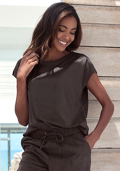 French Connection T-Shirt aus Veloursleder-Imitat mit kleiner Stickerei, Lo günstig online kaufen