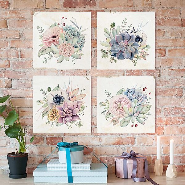 4-teiliges Leinwandbild - Quadrat Aquarell Blumen Landhaus günstig online kaufen