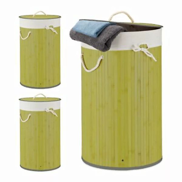 relaxdays 3 x Wäschekorb Bambus rund grün günstig online kaufen