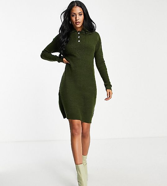 Pieces Tall – Kurzes, gestricktes Pulloverkleid in Khaki mit Polokragen-Grü günstig online kaufen