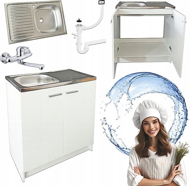 STAMAR Spülenschrank Küchenschrank 80cm Weiß Spüle Edelstahl Armatur Chrom günstig online kaufen