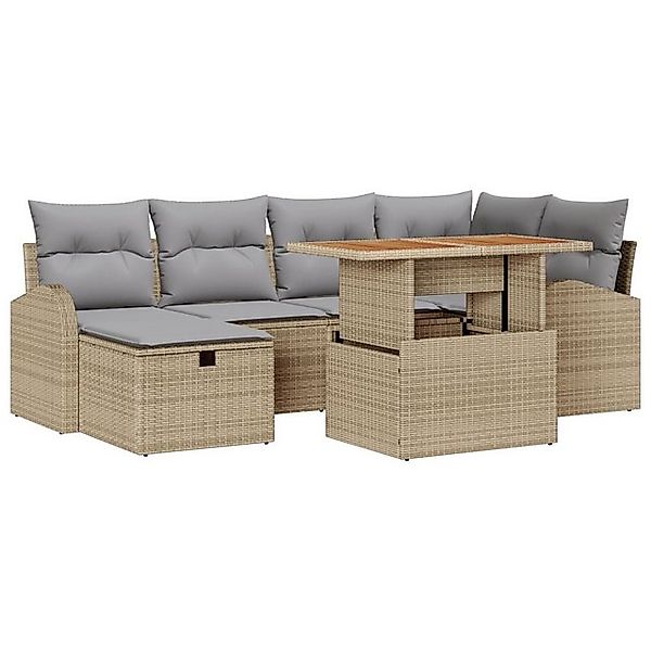 vidaXL Loungesofa 7-teiliges Garten Sofa Set mit Kissen Beige Poly Rattan, günstig online kaufen