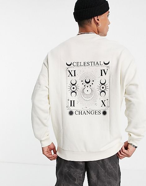 ASOS DESIGN – Übergroßes Sweatshirt in Beige mit Himmelskörper-Aufdruck hin günstig online kaufen