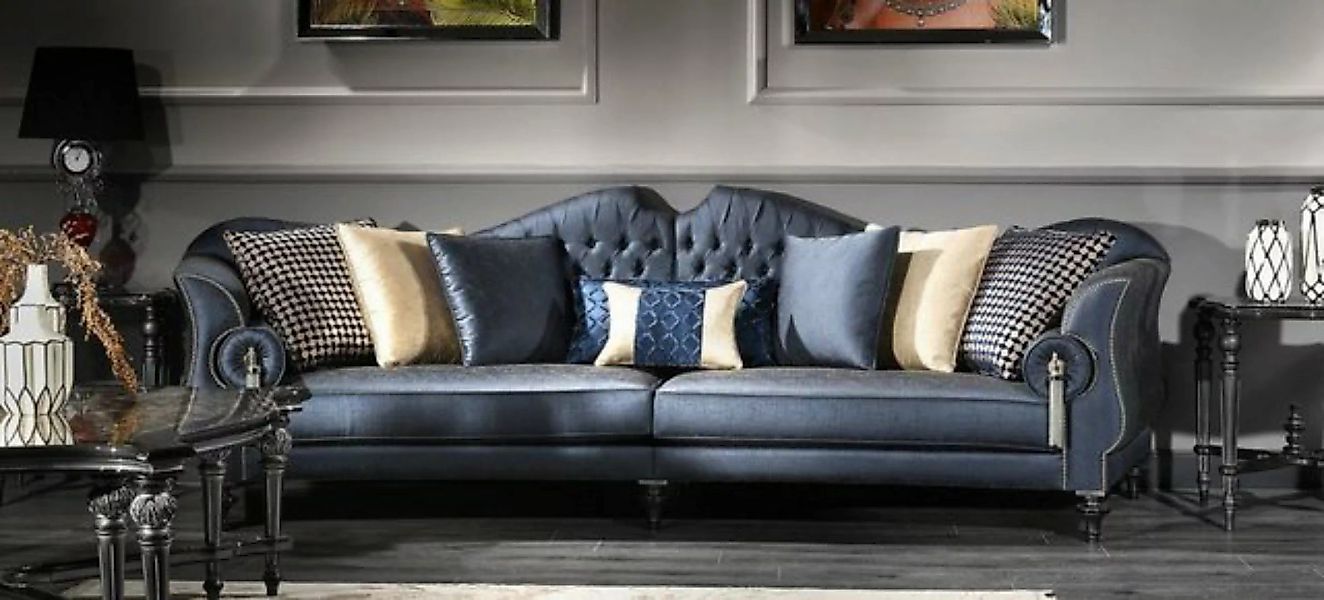 Casa Padrino Sofa Luxus Barock Wohnzimmer Sofa Blau / Silber / Schwarz 300 günstig online kaufen