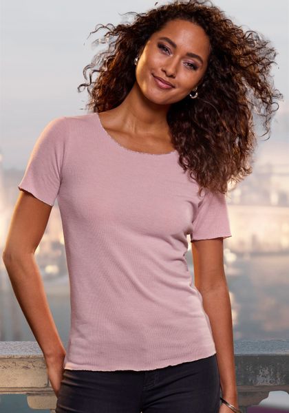 LASCANA Rundhalsshirt "mit feiner Glitzereinfassung" aus weichem Viskose-Fe günstig online kaufen