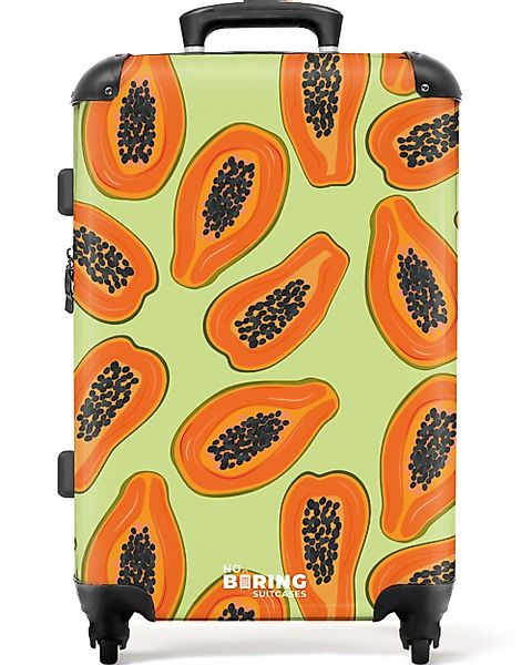 NoBoringSuitcases.com© Hartschalen-Trolley Grün mit orangefarbener Papaya günstig online kaufen