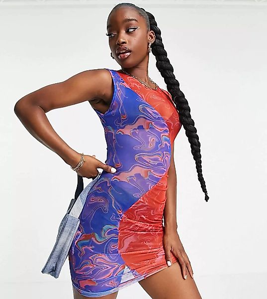 ASYOU – Gerafftes Kleid mit Wirbelmuster im Blockfarbendesign-Rot günstig online kaufen