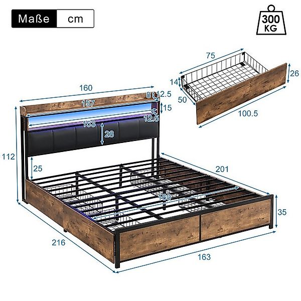 STILVORA Polsterbett 160×200 Jugendbett mit Stauraum,Bettgestell mit LED un günstig online kaufen