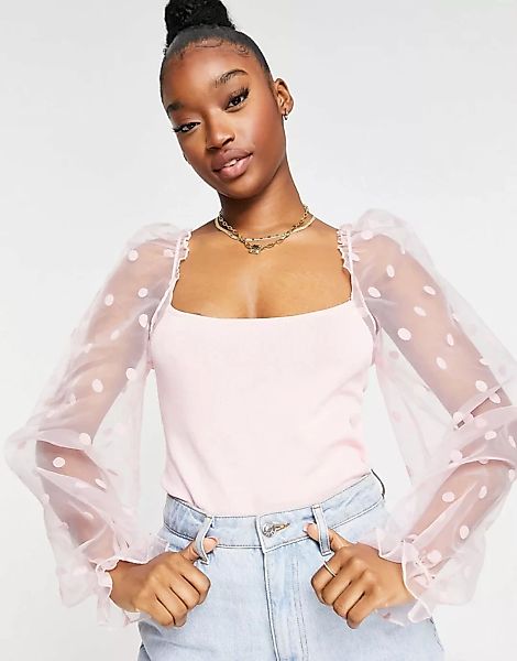ASOS DESIGN – Pullover mit gepunkteten Organza-Ärmeln-Rosa günstig online kaufen