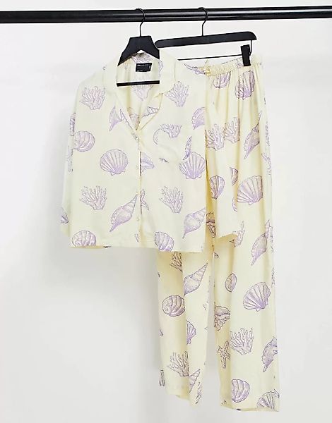 ASOS DESIGN – Pyjama-Set aus Modal in Gelb mit Muschelprint und langärmlige günstig online kaufen
