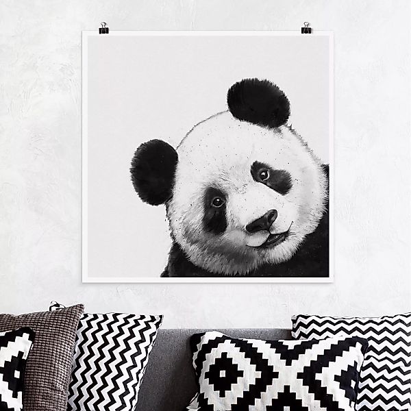 Poster - Quadrat Illustration Panda Schwarz Weiß Malerei günstig online kaufen