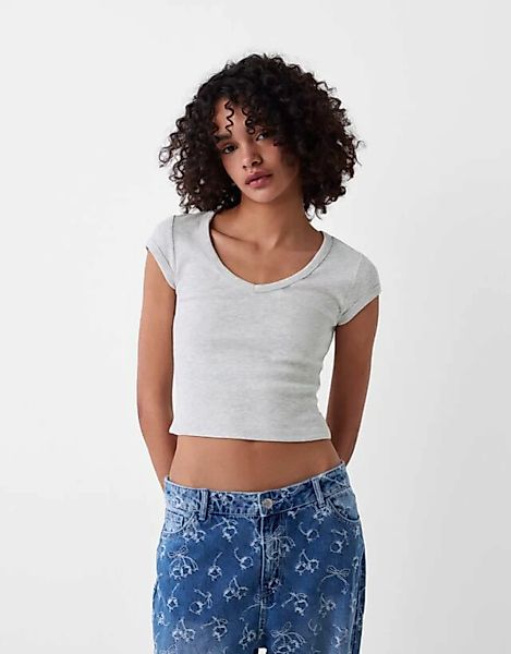 Bershka T-Shirt Mit V-Ausschnitt Damen S Grau günstig online kaufen