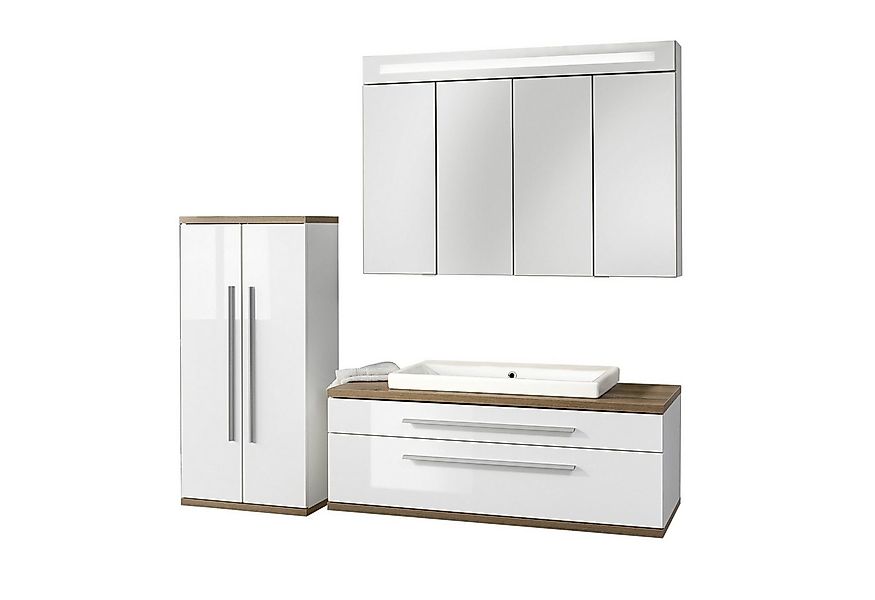 FACKELMANN Badmöbel-Set STANFORD 110 cm breit, Weiß, Keramik, Spiegelschran günstig online kaufen