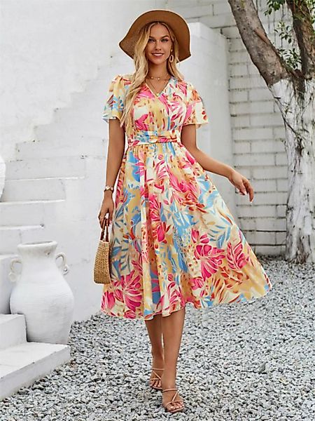 RUZU UG Dirndl Lässiges Sommerkleid mit kurzen Ärmeln und V-Ausschnitt, fri günstig online kaufen