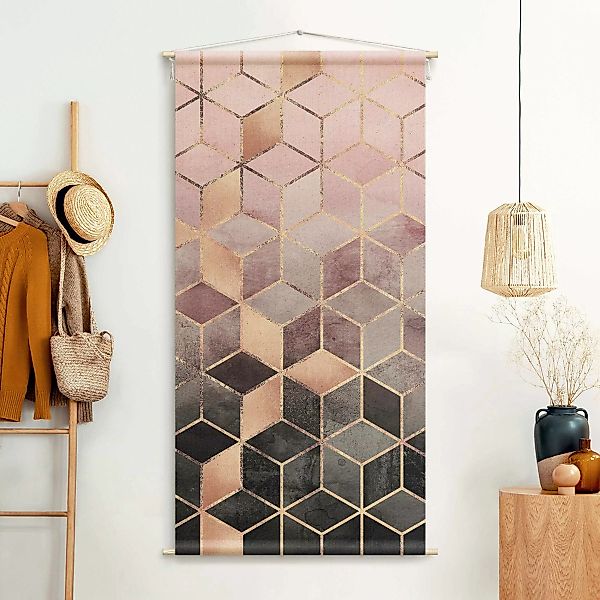 Wandteppich Rosa Grau goldene Geometrie günstig online kaufen