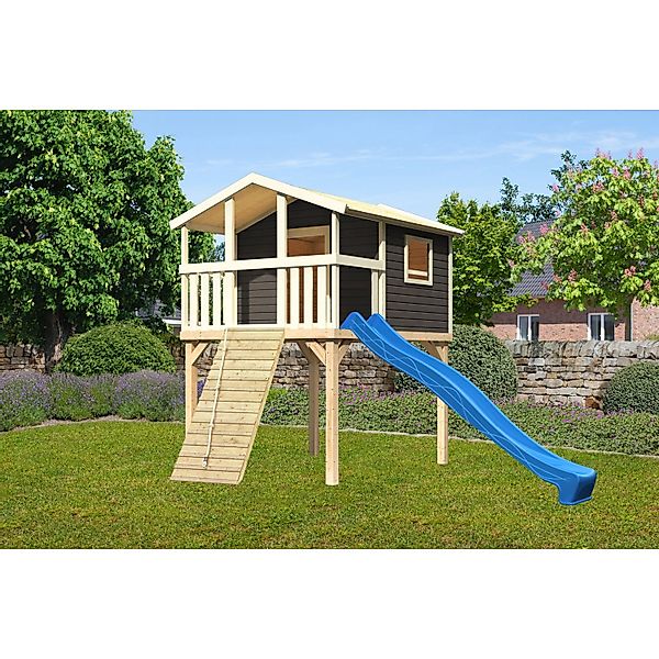 Karibu Stelzenhaus Benjamin Set Terragrau Holzrampe Rutsche 3 m Blau günstig online kaufen