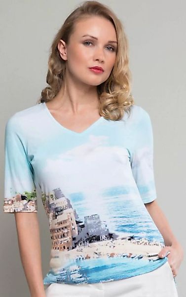 Passioni 3/4-Arm-Shirt Türkisfarbenes T-Shirt mit Strand-Aquarellmuster günstig online kaufen
