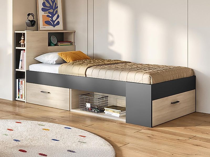 Bett mit Kopfteil, Stauraum & Schublade + Matratze + Lattenrost - 90 x 190 günstig online kaufen