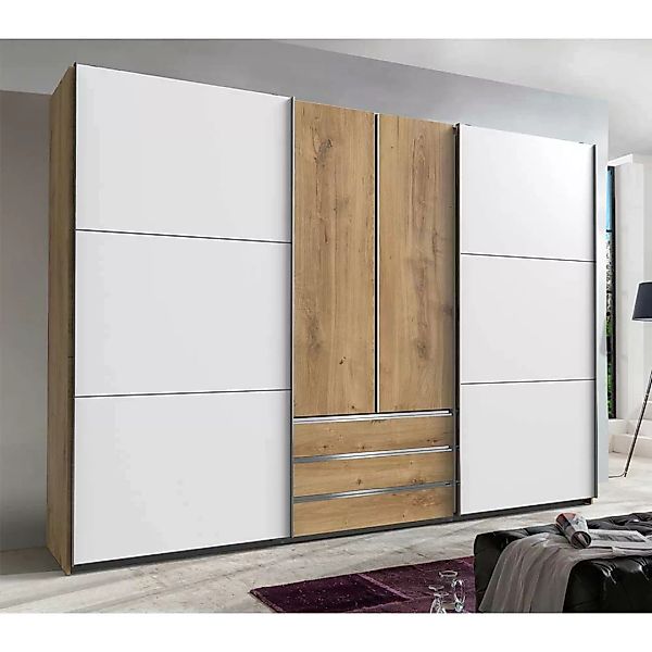 Schlafzimmerschrank zweifarbig in Plankeneiche NB und Weiß 300 cm breit günstig online kaufen