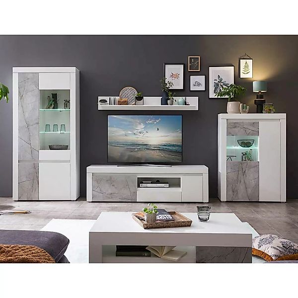 Moderne TV Wohnwand in Weiß Grau Steinoptik (vierteilig) günstig online kaufen