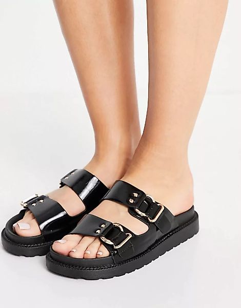 New Look – Flache Sandale mit zwei Schnallen und dicker Sohle in Schwarz günstig online kaufen