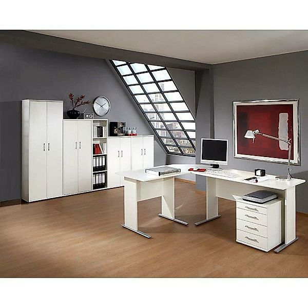 Büromöbel Set STETTIN-16 in weiß, Eckschreibtisch mit Container, 4 Aktensch günstig online kaufen