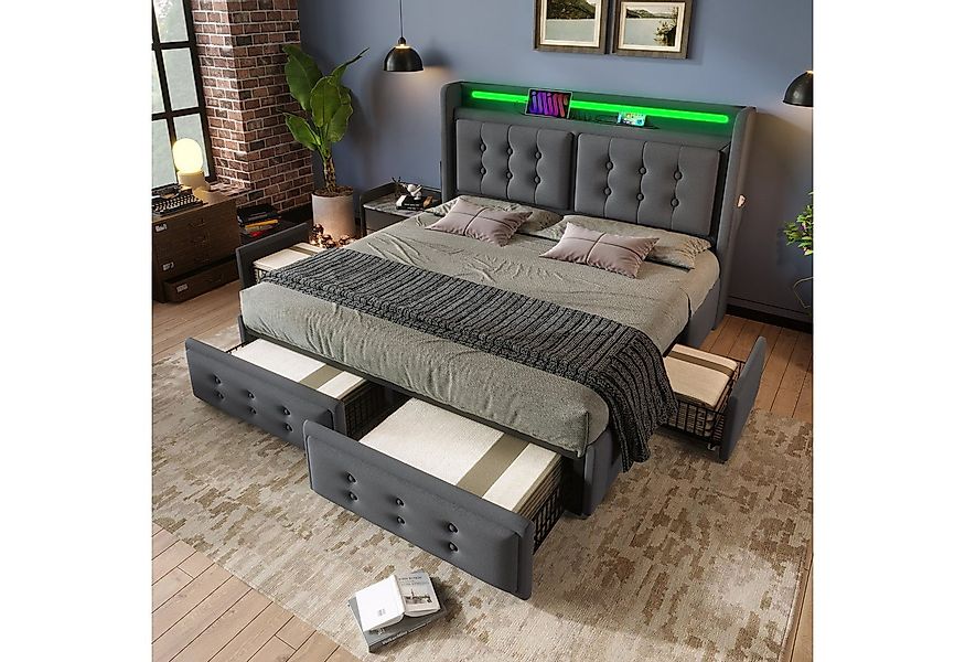 Flieks Polsterbett, LED Doppelbett 180x200cm mit Ladefunktion und 4 Schubla günstig online kaufen
