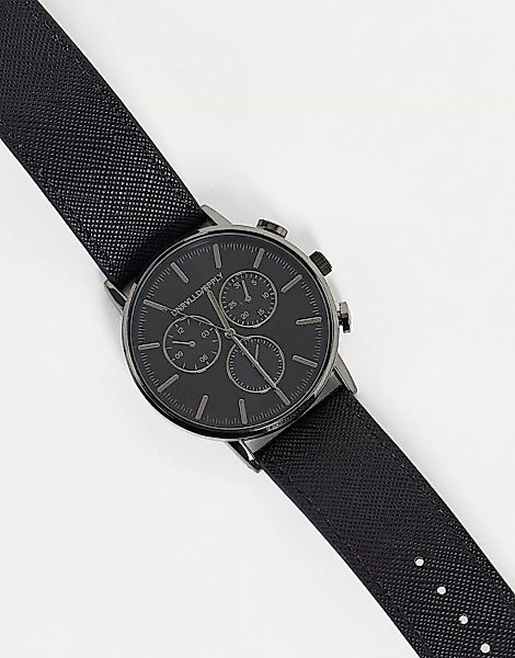 ASOS DESIGN – Schwarze Armbanduhr mit blaugrauen Hilfszifferblättern und Ar günstig online kaufen