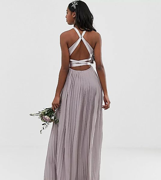 TFNC Tall – Graues, plissiertes Maxi-Brautjungfernkleid mit überkreuzten Rü günstig online kaufen