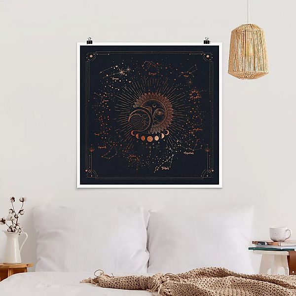 Poster Astrologie Sonne Mond und Sterne Blau Gold günstig online kaufen