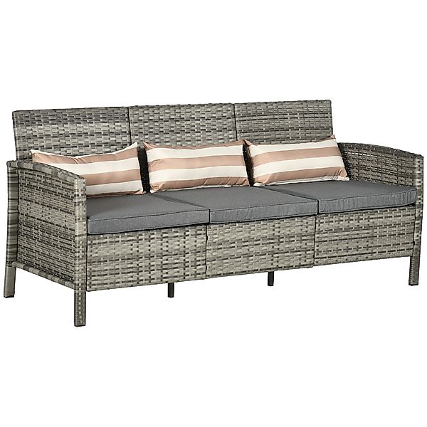 Outsunny Rattan Garten Loungesofa Dreisitzer mit Kissen, Stahlrahmen, Grau, günstig online kaufen