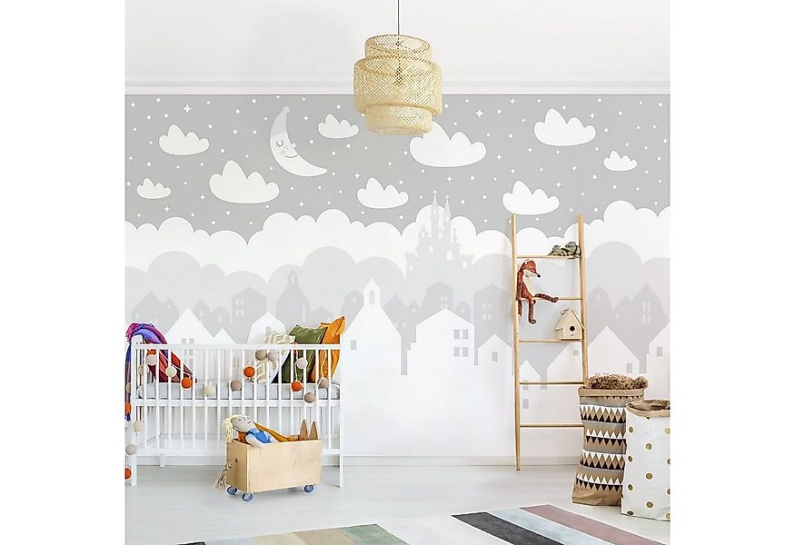 Bilderdepot24 Kindertapete Kinderzimmer Sternenhimmel Häuser Mond grau Kind günstig online kaufen