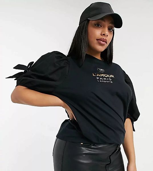 River Island Plus – Schwarzes T-Shirt mit Puffärmeln und Ösendetails günstig online kaufen