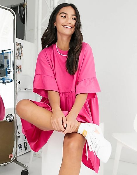 ASOS DESIGN – Oversize-Hängerkleid mit Rüschenärmeln in Pink-Rosa günstig online kaufen