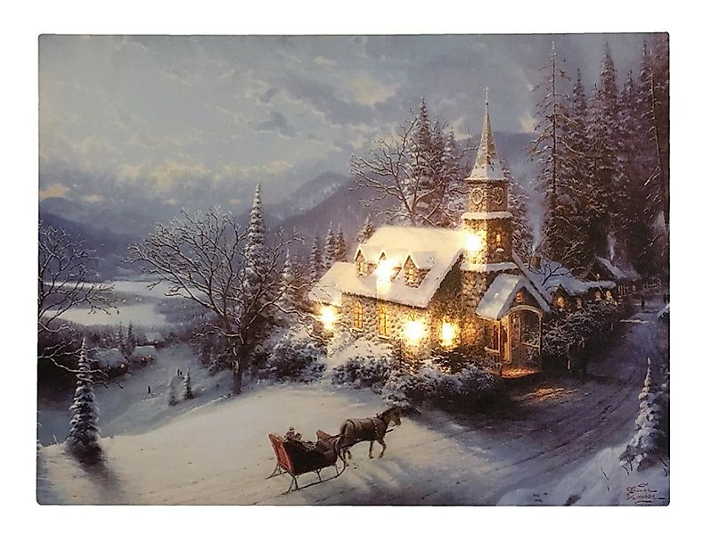 LED Bild Winterlandschaft Kirche in den Bergen Weihnachten Leinwand Wandbil günstig online kaufen