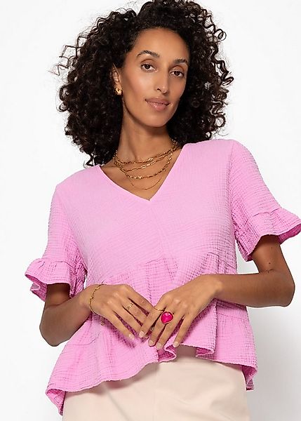 SASSYCLASSY Kurzarmbluse Luftiges Musselin Shirt Damen mit Volants Musselin günstig online kaufen