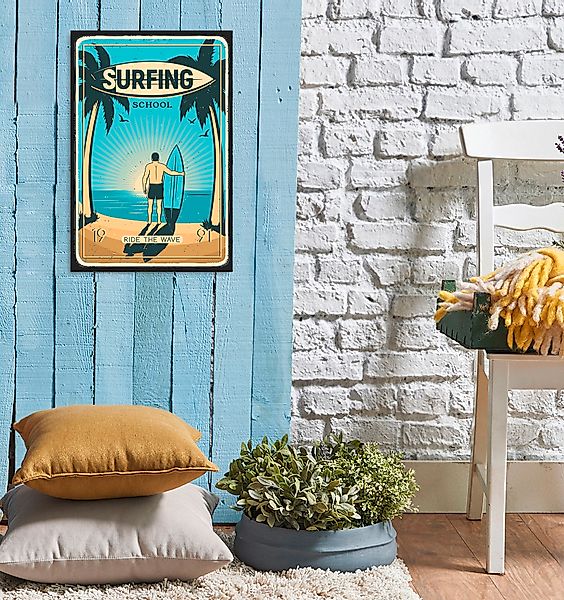 queence Metallbild "Surfing School", Schriftzüge-Schriftzug-Meer-Strand, (1 günstig online kaufen