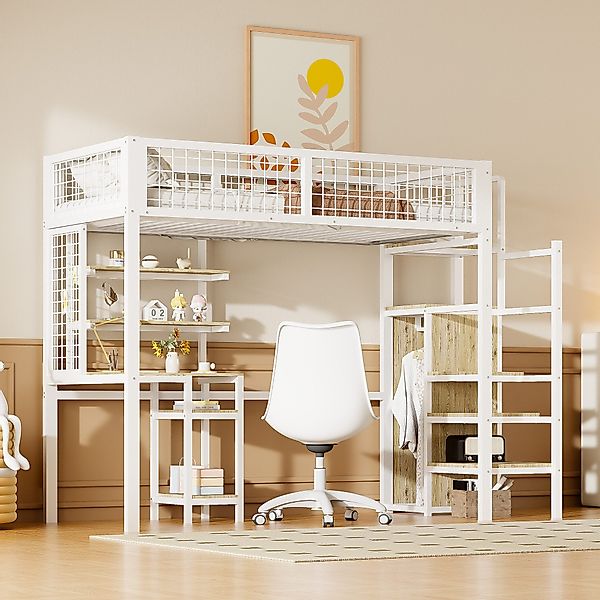 Flieks Hochbett Kinderbett 90x200cm mit Tisch/Leiter/Regal/Kleiderschrank günstig online kaufen