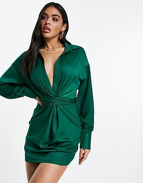 In The Style x Syd & Ell – Hemdkleid in Smaragdgrün mit Zierknoten vorne-Bl günstig online kaufen