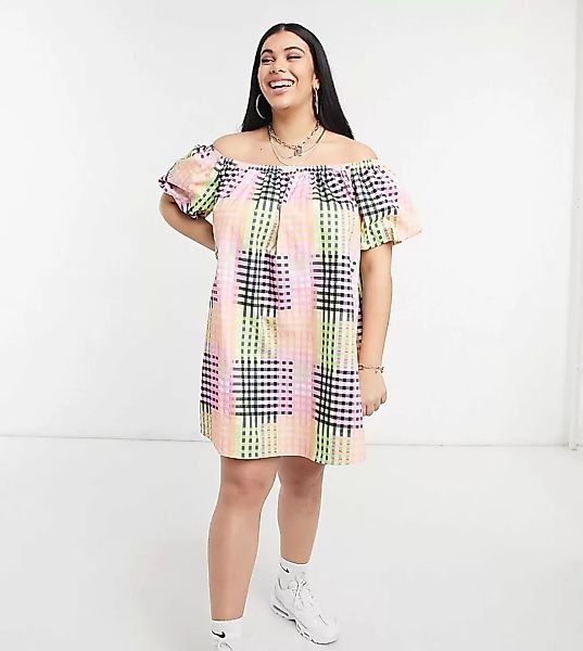 COLLUSION Plus – Schulterfreies Sommerkleid mit Karomuster-Mehrfarbig günstig online kaufen