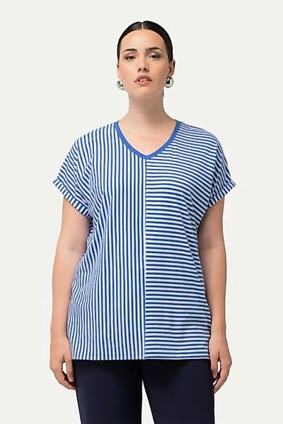 Ulla Popken Rundhalsshirt Shirt Ringelmix Oversized V-Ausschnitt Halbarm günstig online kaufen