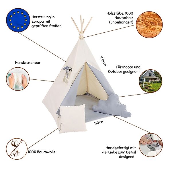 Rainbow Kids Tipi-Zelt Grauer Wolf, Personen: günstig online kaufen