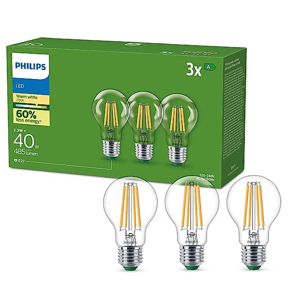 Philips E27 LED-Lampe A60 2,3W 485lm 2700K Filament 3er-Pack günstig online kaufen