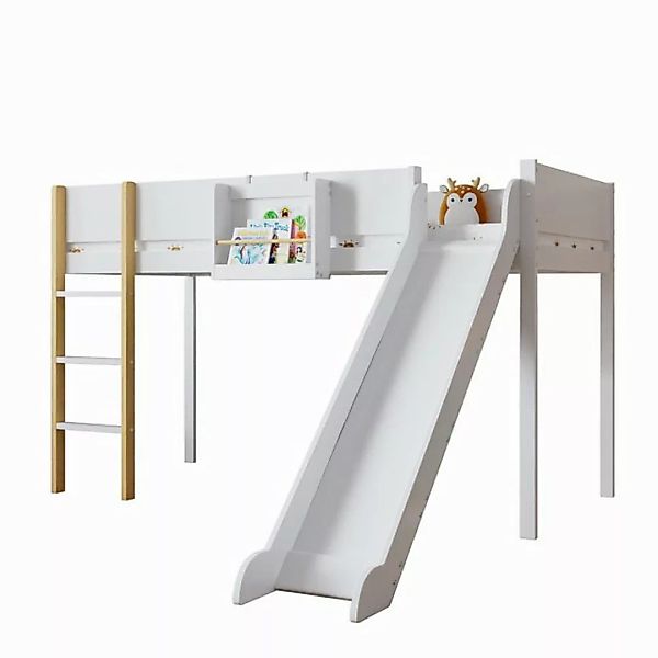 HAUSS SPOLE Kinderbett Hochbett 90x200cm mit Leiter, Rutsche, Regal, Weiß N günstig online kaufen